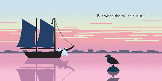 Color is very important to Little Tug: It moves the book from morning time till night time.