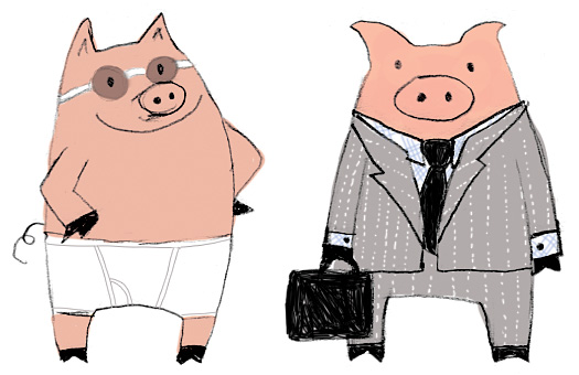 Final Swim Pig and and Business Pig. The style is a departure for me.