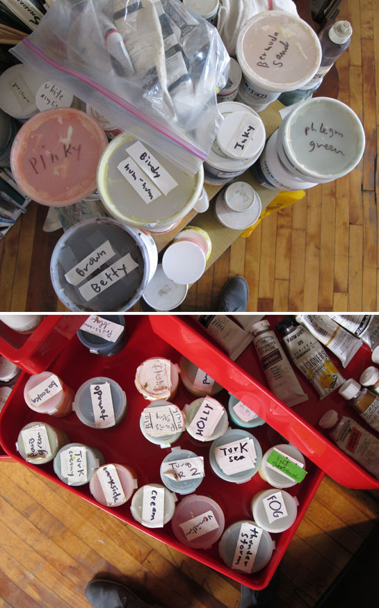 Jessie's gouache paints, each with its own descriptive name.