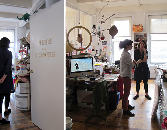 LEFT: The door to the studio space Jessie shares with her physicist husband. RIGHT: Liz and Jessie in the studio.