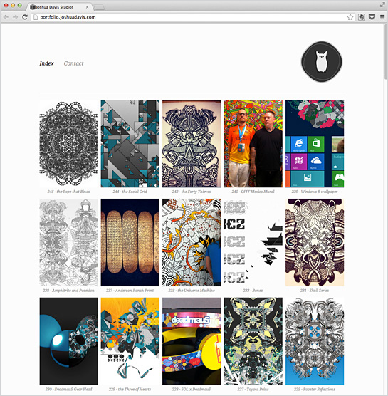 Joshua Davis uses Squarespace, the online website builder for his site.