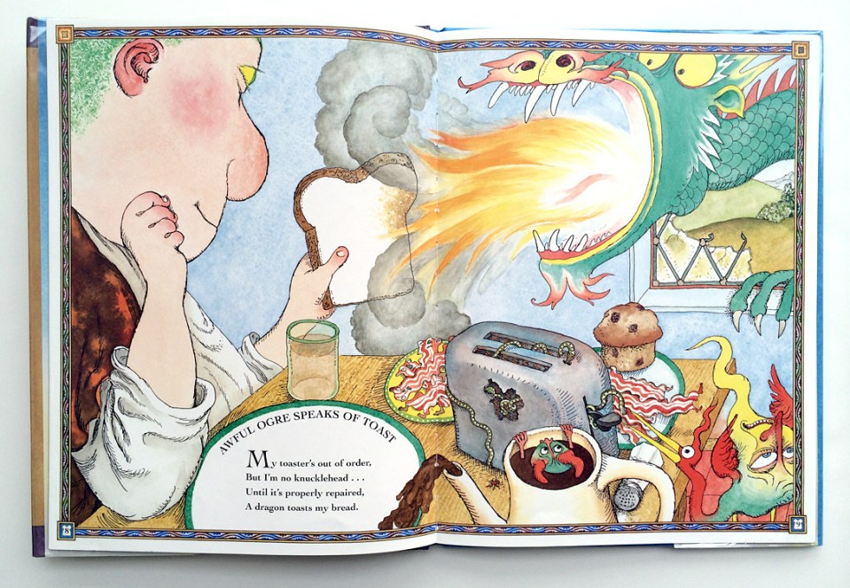 A spread from Awful Ogre Running Wild by_______, illustrated by Paul O. Zelinsky