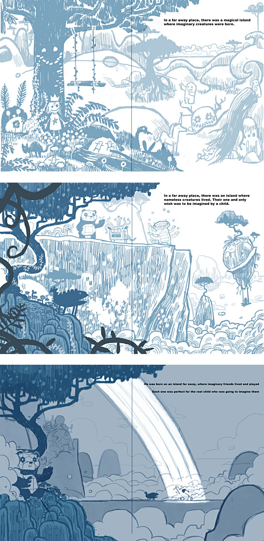 A progression of sketches for the island where Beekle is born.