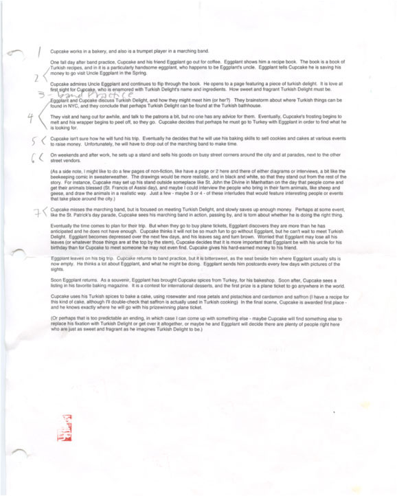 The pitch that she sold along with some character drawings.