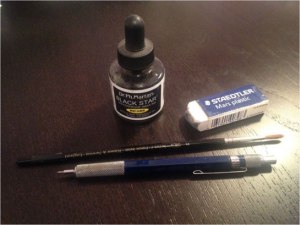 Sara Varon's tools:  ink, eraser, pencil and brush