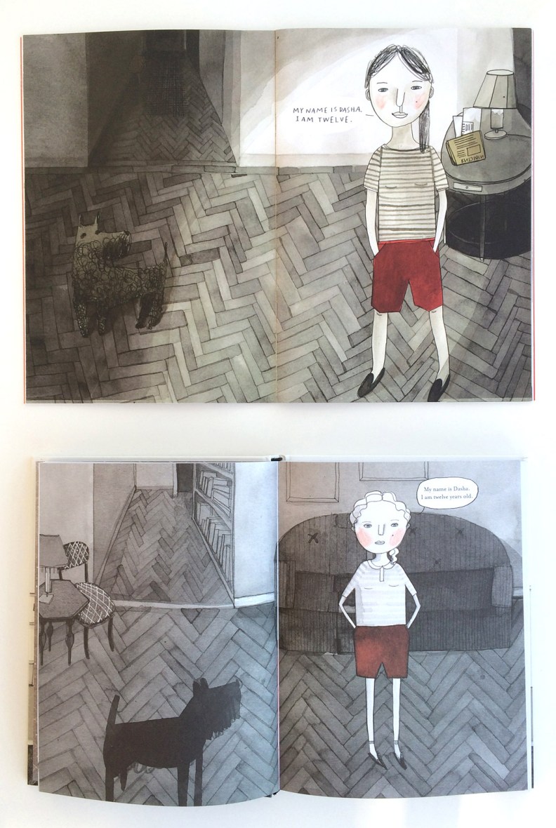 The main character evolved from thesis to book. In the final book she's got blond curly hair, like the real Dasha. "I thought maybe she should have curly hair even though I hate [drawing] it. I feel like she's pretty severe in the [first] version. I had all of these conversations with different art directors about doing picture books and them wanting things to be cuter. I was trying to figure out how to make things cuter but still retain my own way of doing them. When I sent the first sketches of the revised character to Groundwood they were like, 'Yeah, this is great. We really love her, but she's maybe too cute. We want to go back to the [original character].' It ended up being sort of a medium between the two."