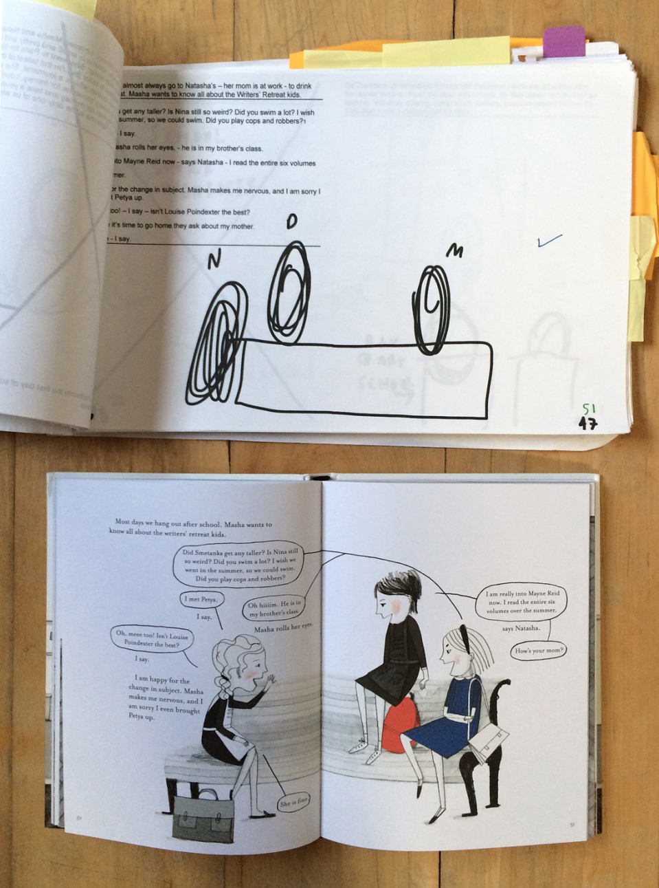 Another first dummy sketch paired with the final published spread in the book. (Click to enlarge. A Year Without Mom by Dasha Tolstikova)