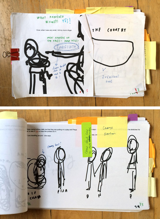 Spreads from Dasha's first dummy for A Year Without Mom.